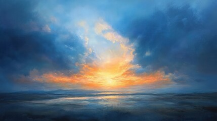 Aufkleber - Vibrant Sunset Landscape with Blue and Orange Clouds over Calm Ocean