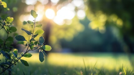 Poster - Sunlight illuminates vibrant green leaves of a branch, softly blurred background of a park at sunset. : Generative AI