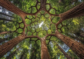 Poster - A mesmerizing low-angle view of interconnected redwood tree trunks forming a unique, natural canopy overhead, sunlight filtering through the vibrant green foliage. : Generative AI