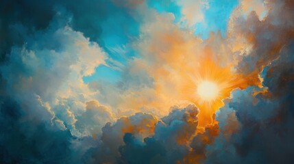 Fototapete - Vibrant Sunset Sky with Orange and Blue Clouds