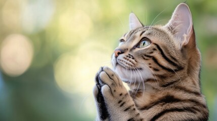 Aufkleber - Adorable tabby kitten with paws together in a praying position, gazing upwards against a soft, blurred green background. : Generative AI
