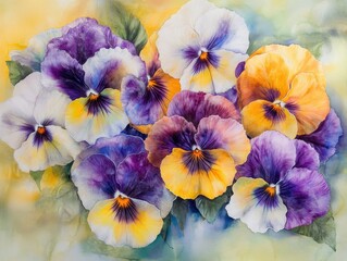 Aufkleber - Vibrant Watercolor Painting of Purple and Yellow Pansies