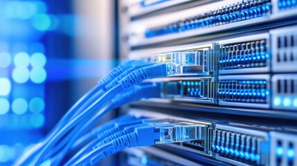 Aufkleber - Close-up view of blue fiber optic cables plugged into a network server rack, showcasing data center technology and high-speed internet infrastructure. : Generative AI