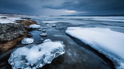 Poster - Frozen lake shore with ice floes and snow-covered rocks under a dramatic winter sky.  A serene, cold landscape scene. : Generative AI