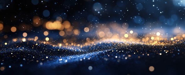 Fototapete - Abstract glittering texture with blue and gold bokeh lights, ideal for festive backgrounds or luxury product presentations.  The image features a wave-like pattern of sparkling particl : Generative AI