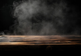 Poster - Dark wooden table with smoky atmospheric background, ideal for product placement or mysterious scenes. : Generative AI