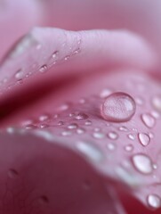 Aufkleber - Close-up of a delicate pink rose petal glistening with morning dew, showcasing the intricate texture and vibrant color of the flower. : Generative AI