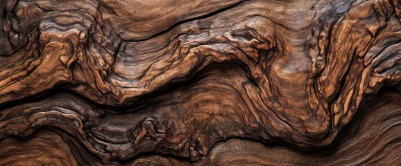 Poster - Intricate swirling patterns of dark brown wood grain, showcasing a rich, textured surface with deep shadows and highlights, ideal for backgrounds or design elements. : Generative AI