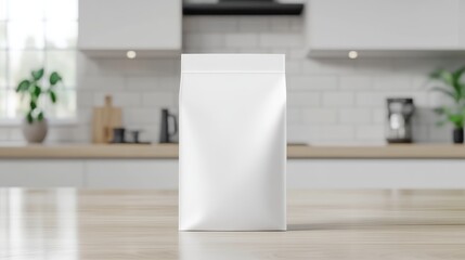 Aufkleber - White Blank Packaging Pouch Mockup on Wooden Kitchen Counter