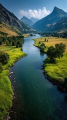 Poster - Serene river flowing through a majestic mountain valley, surrounded by lush green meadows and towering peaks under a vibrant blue sky. : Generative AI