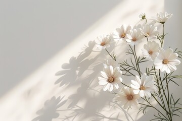 Aufkleber - White Cosmos Flowers in Sunlight with Shadows on White Background