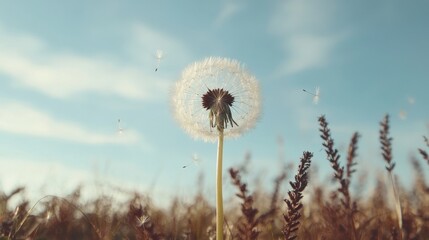 Aufkleber - White Dandelion Seeds Blowing in Wind Soft Light Summer Field