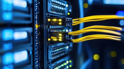 Aufkleber - Close-up of illuminated server rack with yellow fiber optic cables connected, showcasing modern data center technology and high-speed network infrastructure. : Generative AI