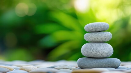 Leinwandbilder - Serene Stack of Grey Stones on Pebbles, Peaceful Zen Garden Setting with Lush Green Background : Generative AI