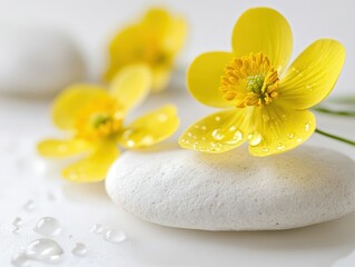 Aufkleber - Yellow Flowers and White Stones with Water Drops