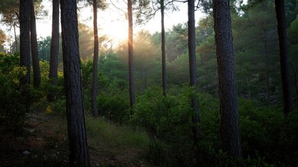 Aufkleber - Sunbeams illuminate a dense pine forest at sunset, creating a magical, serene atmosphere.  Tall tree trunks stand prominently, showcasing the texture of bark against the soft light. : Generative AI