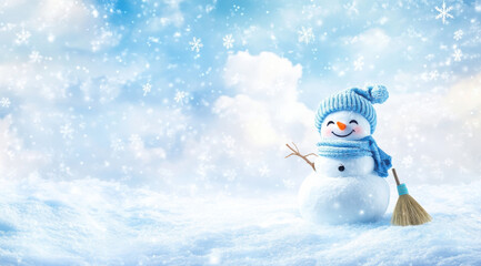 Aufkleber - A cheerful snowman, wearing a blue knitted hat and scarf, stands in a snowy landscape under a light blue winter sky with falling snowflakes, holding a small twig broom. : Generative AI
