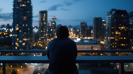 Poster - A lone man sits on a balcony at dusk, overlooking a vibrant cityscape filled with glowing lights and towering skyscrapers. : Generative AI