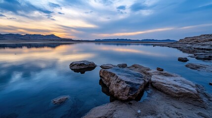 Poster - Serene sunset over a calm lake, reflecting the colorful sky and mountains, with large rocks in the foreground, creating a peaceful and tranquil scene. : Generative AI