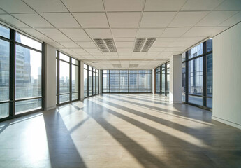 Poster - Sunlit Empty Office Space with Floor-to-Ceiling Windows Offering Panoramic City Views. Ideal for Real Estate, Architecture, or Business Presentations. : Generative AI
