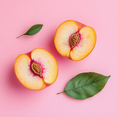 Aufkleber - Two juicy peach halves with vibrant pink flesh and green leaves, arranged on a pink background.  A summery, healthy, and visually appealing food image perfect for recipes, blogs, or pr : Generative AI
