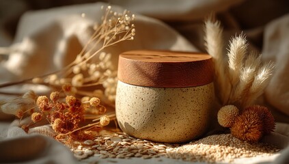 Aufkleber - Beige ceramic jar with wooden lid sits among dried flowers and grains, bathed in warm sunlight. : Generative AI