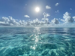 Poster - A breathtaking view of a tranquil ocean scene, with crystal-clear turquoise water sparkling under the bright midday sun and fluffy white clouds dotting a vibrant blue sky. : Generative AI