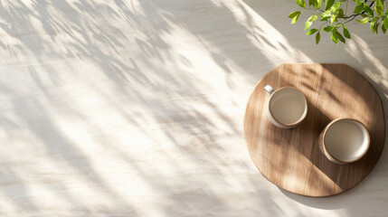 Leinwandbilder - Two ceramic mugs filled with milk rest on a round wooden tray, bathed in sunlight filtering through leaves, casting delicate shadows on a light beige surface. : Generative AI