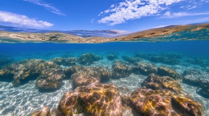 Leinwandbilder - Underwater Seascape: Sunlit Rocks and Clear Blue Water, a Stunning Split-Level View of a Vibrant Mediterranean Ocean Floor : Generative AI
