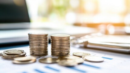 Leinwandbilder - Two stacks of coins sit on a financial report, near a laptop and pen, representing savings, investment, or financial growth. : Generative AI