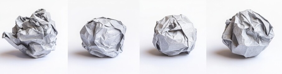 Leinwandbilder - Four crumpled grey paper balls on a white background, showcasing different angles and textures of the wrinkled paper. : Generative AI