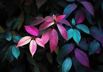 Fototapete - Vibrant pink and teal foliage creates a lush, tropical backdrop.  The leaves display a striking contrast against a dark background, ideal for design projects. : Generative AI