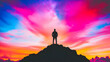 © abid - Silhouetted figure atop a hill, gazing at a vibrant, colorful, and surreal sunset sky