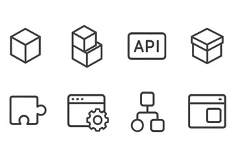 Wall Mural - vector icons representing software development tools, packaging elements, and data structures in a s