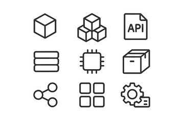 Wall Mural - vector icons depicting technology and data concepts with cubes, apis, and hardware components for di