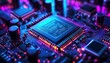 © 娜 赵 - A close-up of a circuit board with a central chip and electronic components, illuminated with blue and purple lights.