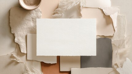 Leinwandbilder - Blank off-white textured card nestled among torn beige, brown, and gray paper pieces, with dried grass accents; minimalist design. : Generative AI