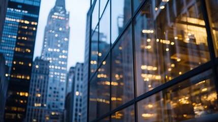 Leinwandbilder - Reflective city skyscraper glass facade at dusk, showing blurred lights of neighboring buildings and urban skyline. : Generative AI