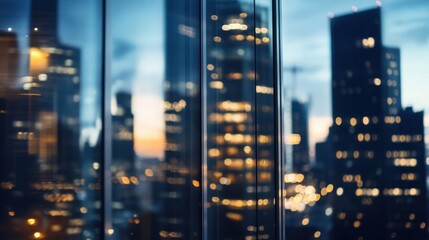 Leinwandbilder - Evening city lights blurred through modern glass skyscraper window, showcasing bokeh effect and urban skyline at sunset. : Generative AI