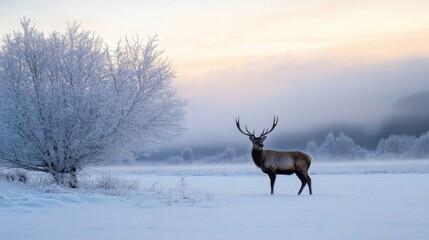 Aufkleber - Majestic stag stands in a snowy winter landscape at dawn, frost covering the trees and a soft mist in the background. : Generative AI