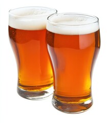 Poster - Two glasses of amber beer with a thick head of foam, captured against a bright white background, showcasing the refreshing golden-hued beverage. : Generative AI