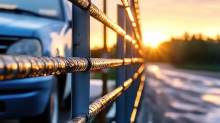 Aufkleber - Close-up view of a rusty metal fence at sunset, with a blurred blue car in the background, bathed in golden sunlight. : Generative AI