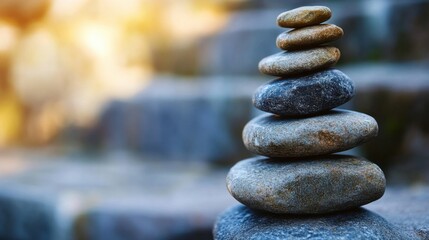 Poster - Serene Stack of Grey and Brown Stones at Sunset, Balanced Rocks in Peaceful Nature Setting, Zen Garden Concept : Generative AI