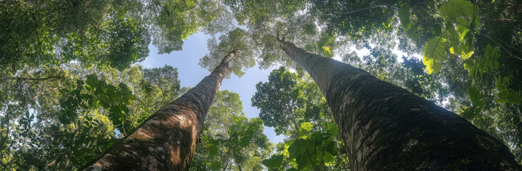 Leinwandbilder - Looking up at two majestic rainforest trees reaching for a bright, partly cloudy sky, surrounded by lush green canopy. : Generative AI