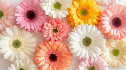 Aufkleber - A vibrant collection of gerbera daisies in various pastel shades, arranged closely together on a white background, showcasing their delicate petals and contrasting centers. : Generative AI