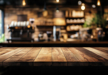 Aufkleber - Rustic wooden table top in front of a blurred coffee shop background, ideal for product placement or menu design. : Generative AI