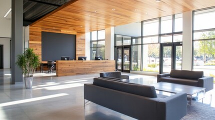 Poster - Modern office lobby with wood accents and large windows showcasing sunlight streaming in, creating a bright and welcoming atmosphere. : Generative AI