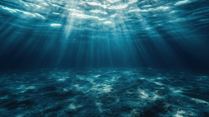Leinwandbilder - Sunbeams penetrate the deep ocean, illuminating the textured seabed; a tranquil underwater scene. : Generative AI