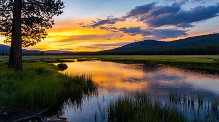 Poster - Serene sunset over a tranquil river reflecting vibrant colors, with a lone pine tree and lush green grasses lining the banks, creating a peaceful and picturesque landscape. : Generative AI