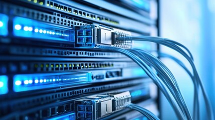 Poster - Close-up view of a server rack with fiber optic cables connected, showcasing modern data center technology and network infrastructure. : Generative AI